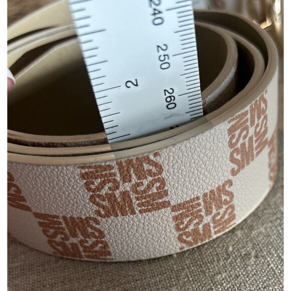 Steve Madden Logo Belt Double Ring Buckle Creme Tan Gold Faux Leather LARGE - Picture 8 of 8